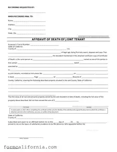 Blank California Death of a Joint Tenant Affidavit PDF Form