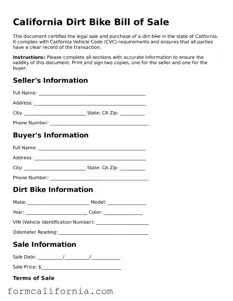 Legal California Dirt Bike Bill of Sale Document