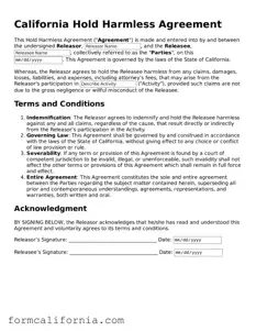 Legal California Hold Harmless Agreement Document
