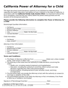 Legal California Power of Attorney for a Child Document