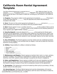 Legal California Room Rental Agreement Document