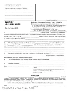 Blank Mechanics Lien California PDF Form