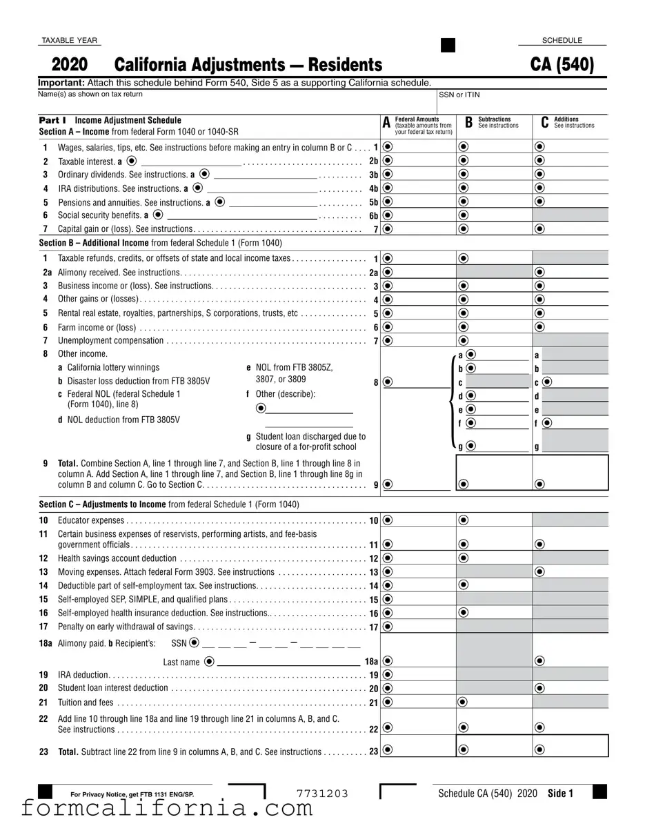 Blank Schedule California 540 PDF Form